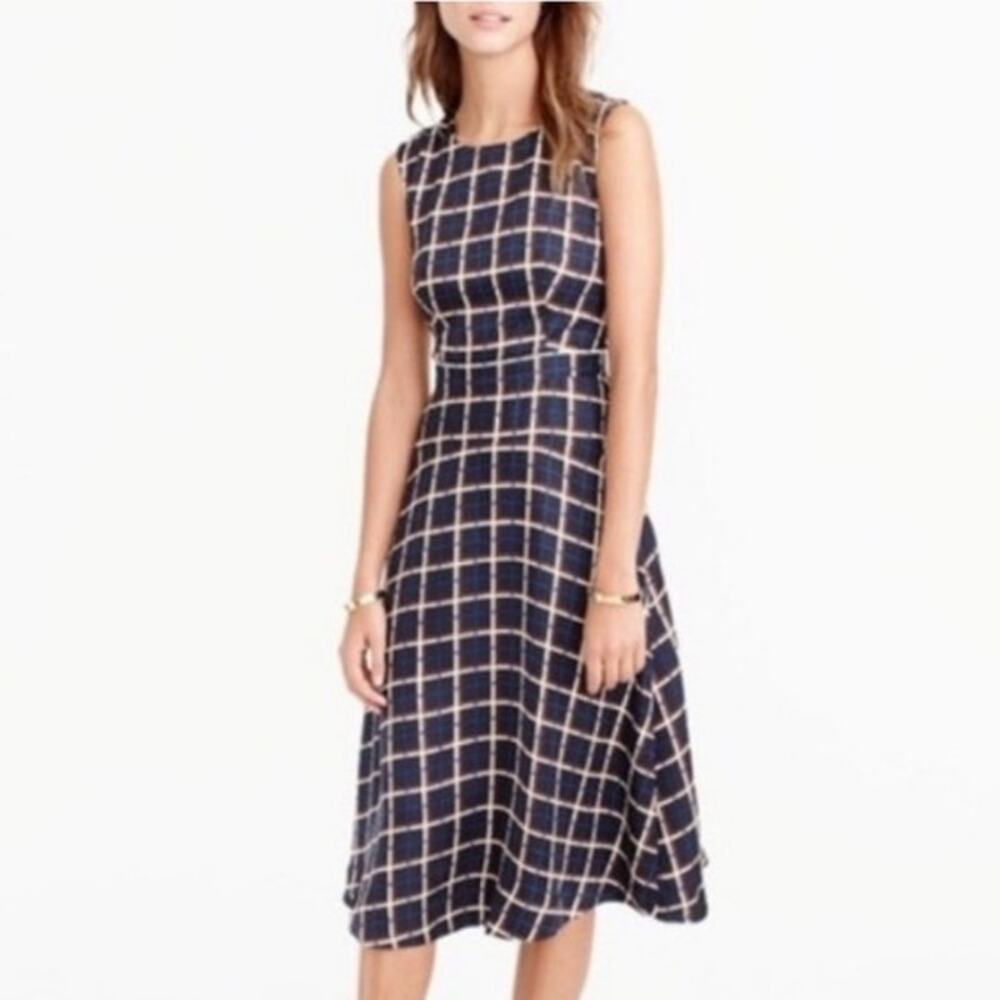 J.Crew Silk Windowpane A-Line Midi Dress Black Tan Navy Jewel Neck Classic 4 NWT